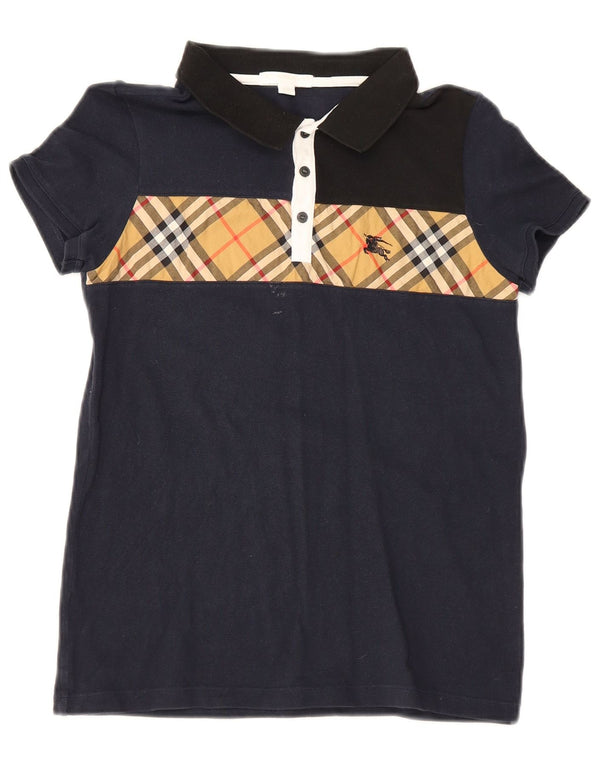 Burberry Girls Polo Shirt 13-14 Years Navy Blue Check Cotton