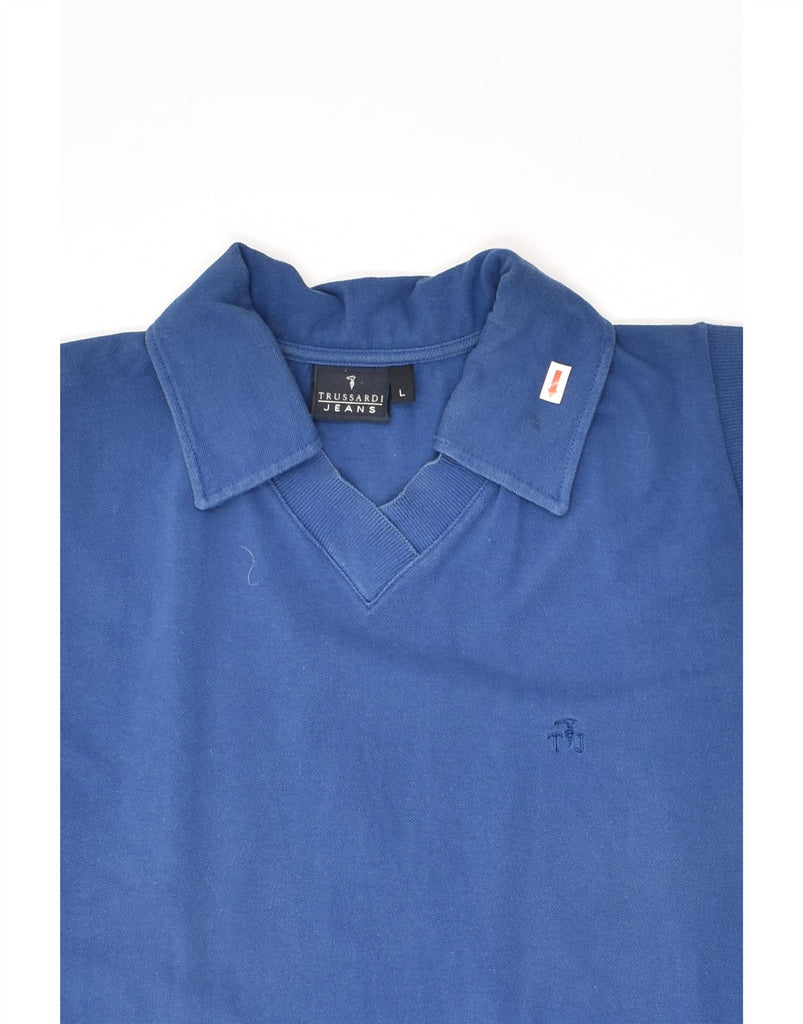 TRUSSARDI Womens Sleeveless Polo Shirt UK 14 Large Blue Cotton | Vintage Trussardi | Thrift | Second-Hand Trussardi | Used Clothing | Messina Hembry 