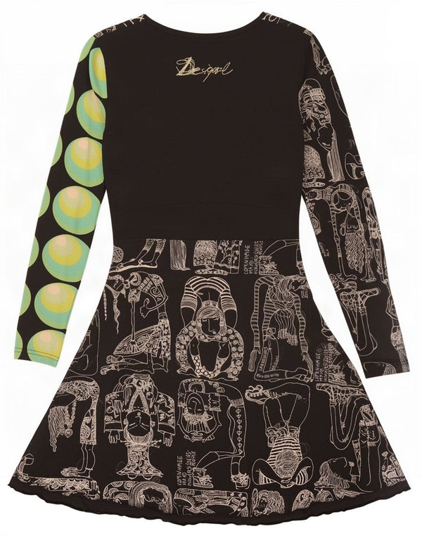 Desigual Womens Graphic A-Line Dress UK 12 Medium Black Geometric
