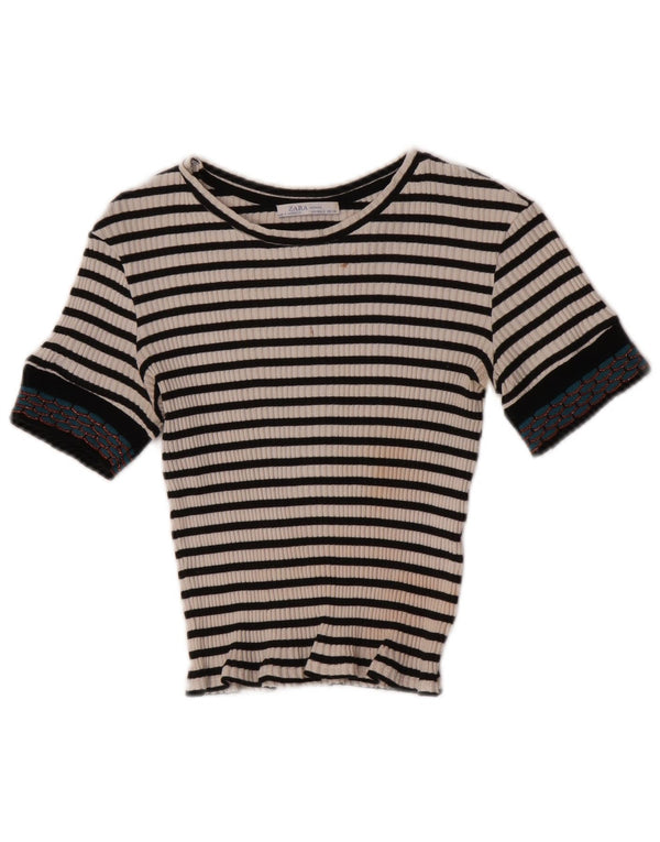 Zara Womens Crop T-Shirt Top UK 8 Small White Striped