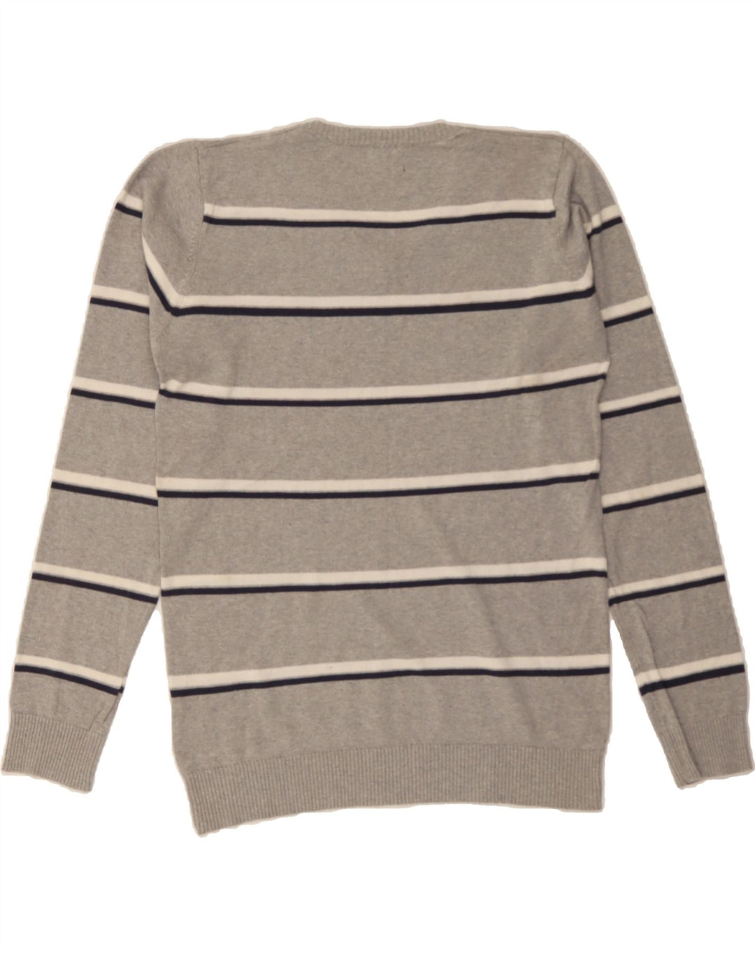 JACK & JONES Mens V-Neck Jumper Sweater Medium Grey Striped Cotton Vintage Jack & Jones and Second-Hand Jack & Jones from Messina Hembry 