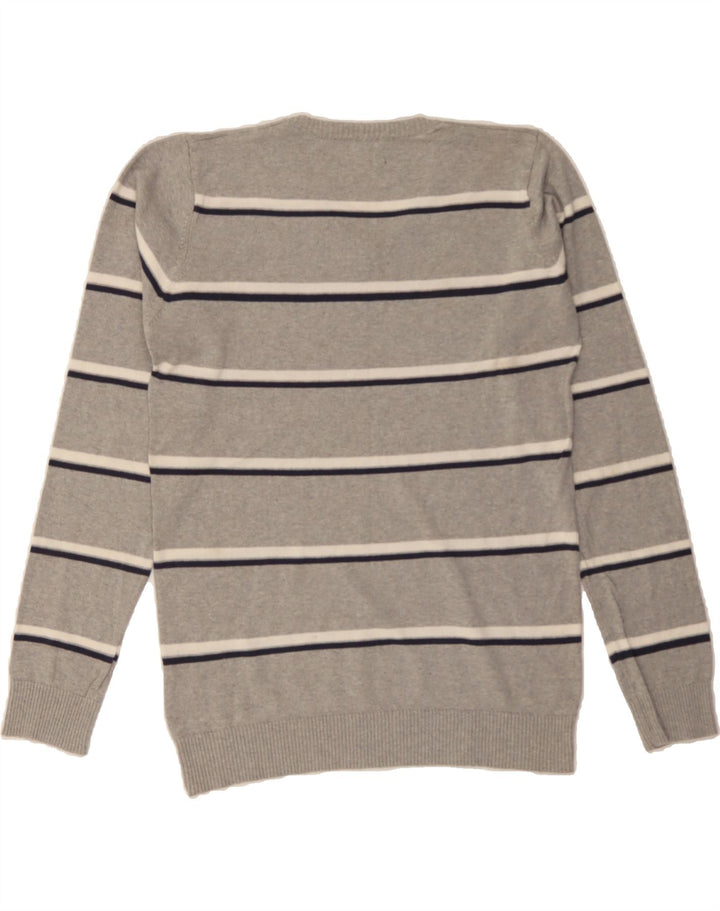 JACK & JONES Mens V-Neck Jumper Sweater Medium Grey Striped Cotton Vintage Jack & Jones and Second-Hand Jack & Jones from Messina Hembry 
