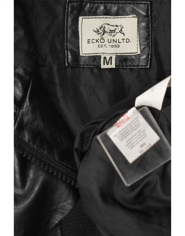 Ecko Unltd Mens Hooded Faux Leather Bomber Jacket UK 38 Medium Black