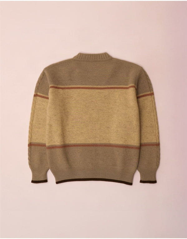 Vintage Mens Graphic V-Neck Jumper Sweater XL Beige Colourblock Wool
