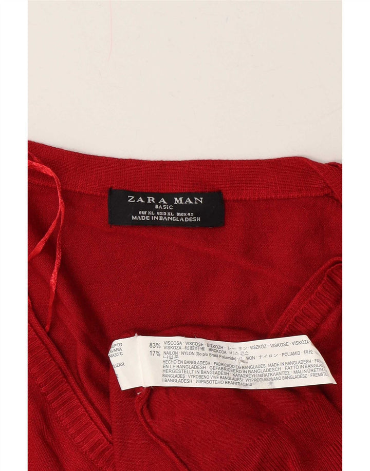 Zara Mens V-Neck Jumper Sweater XL Red Viscose