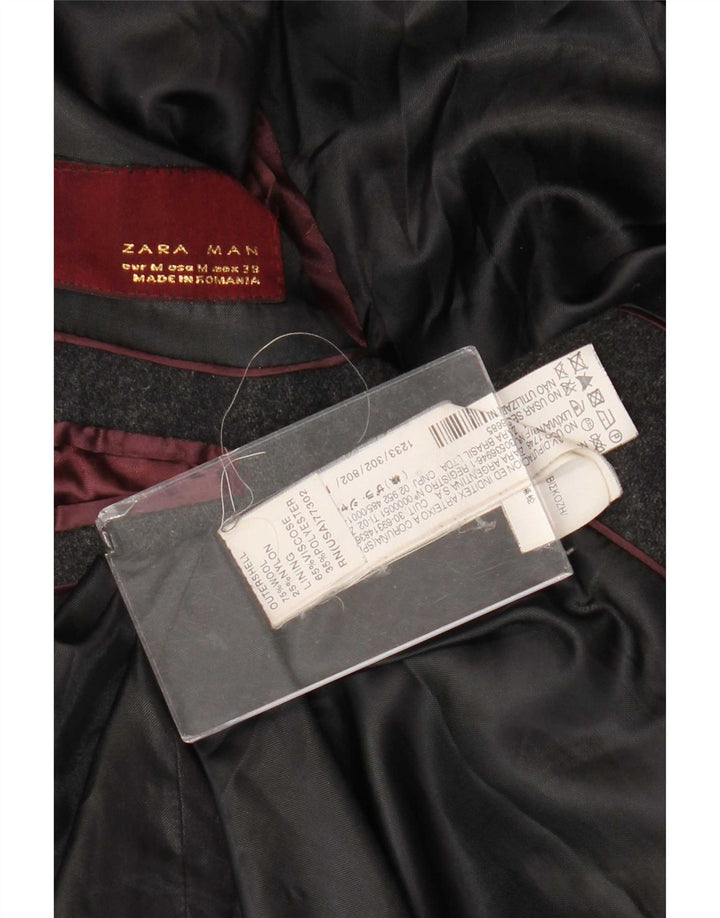 Zara Mens Double Breasted Coat UK 38 Medium Grey Wool