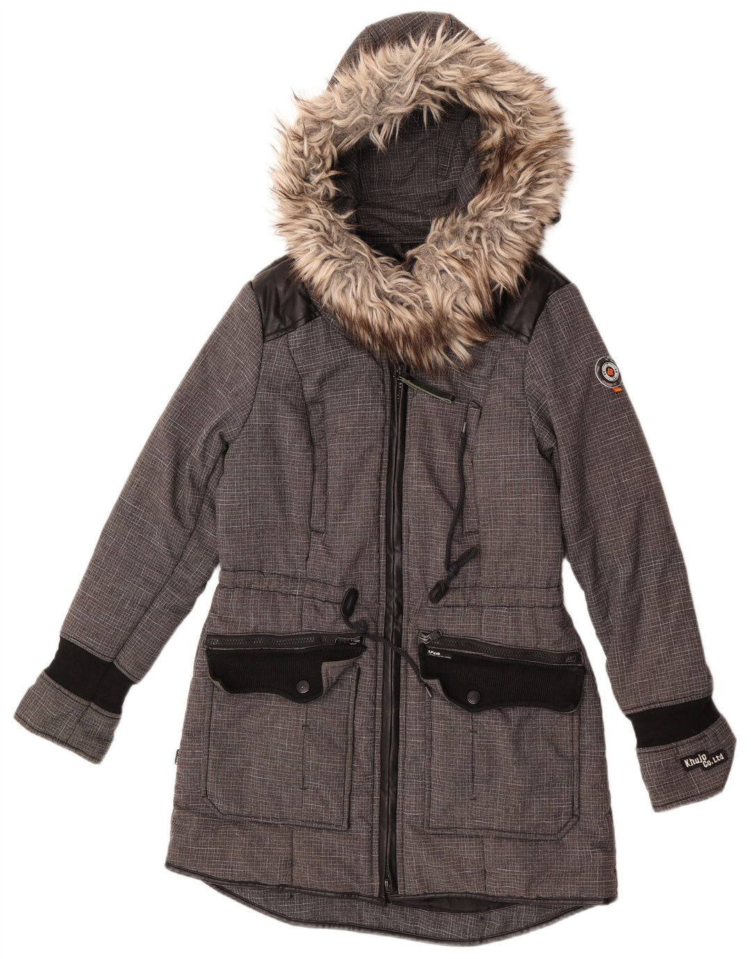 KHUJO Womens Hooded Parka Jacket UK 14 Medium Grey Colourblock Polyester