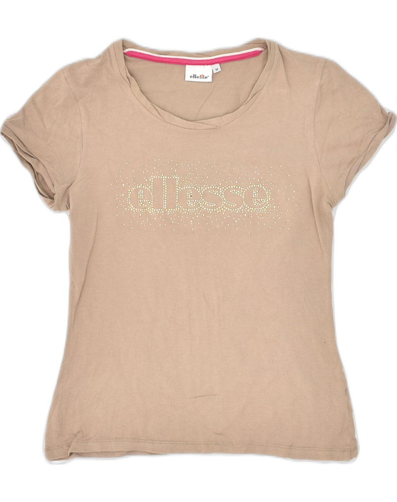 ELLESSE Womens Graphic T-Shirt Top UK 12 Medium Beige Cotton | Vintage Ellesse | Thrift | Second-Hand Ellesse | Used Clothing | Messina Hembry 