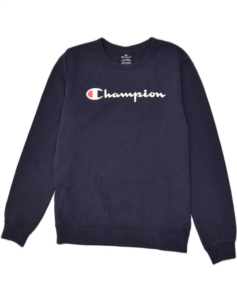 CHAMPION Boys Graphic Sweatshirt Jumper 13-14 Years XL Navy Blue | Vintage Champion | Thrift | Second-Hand Champion | Used Clothing | Messina Hembry 