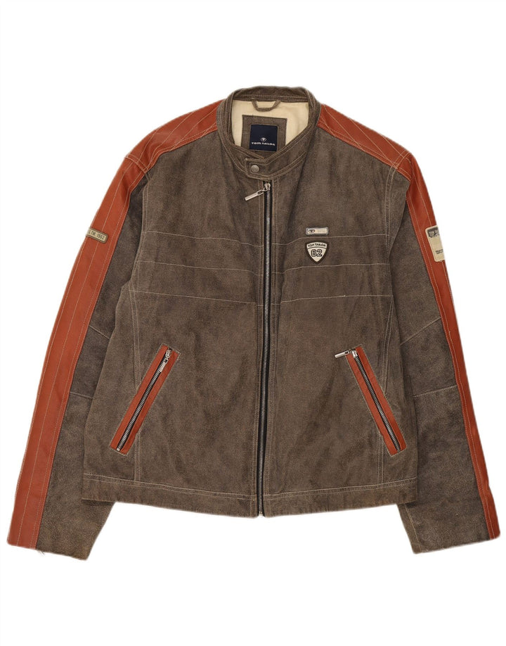 Tom Tailor Mens Suede Jacket UK 44 2XL Brown Colourblock Leather
