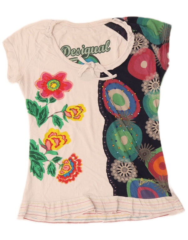 Desigual Womens Graphic T-Shirt Top UK 14 Large White Floral Cotton