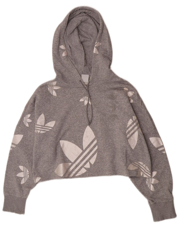 Adidas Womens Crop Graphic Oversized Hoodie Jumper UK 12 Medium Grey Cotton