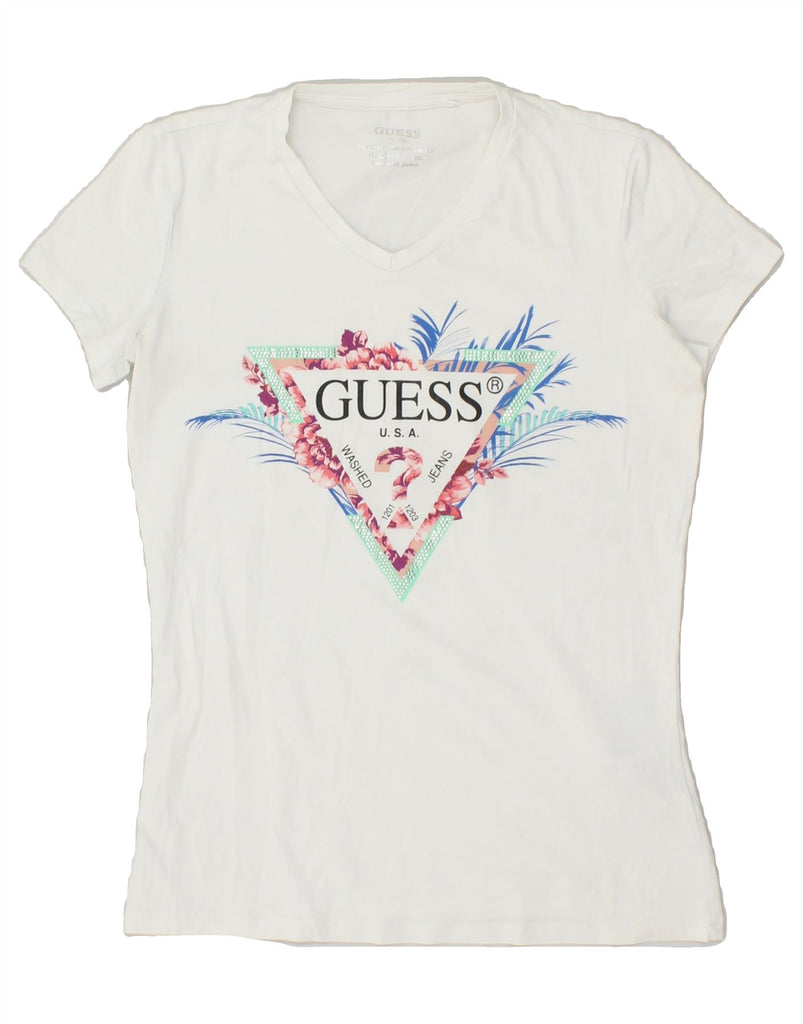 GUESS Womens Graphic T-Shirt Top UK 10 Small White Cotton | Vintage Guess | Thrift | Second-Hand Guess | Used Clothing | Messina Hembry 