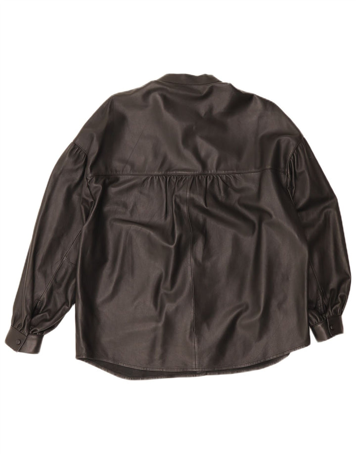 Massimo Dutti Womens Oversized Leather Shirt UK 6 XS Black Leather