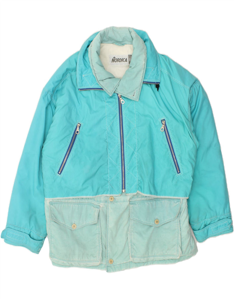 NORDICA Mens Hooded Padded Jacket IT 50 Large Turquoise Colourblock Cotton Vintage Nordica and Second-Hand Nordica from Messina Hembry 