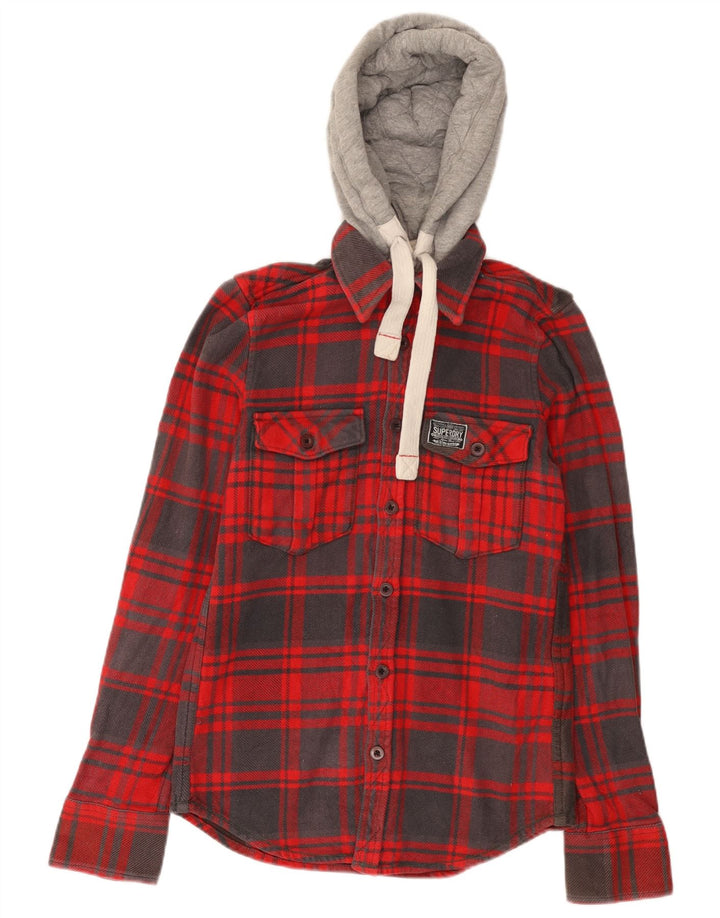 SUPERDRY Mens Hooded Flannel Shirt Small Red Plaid Cotton