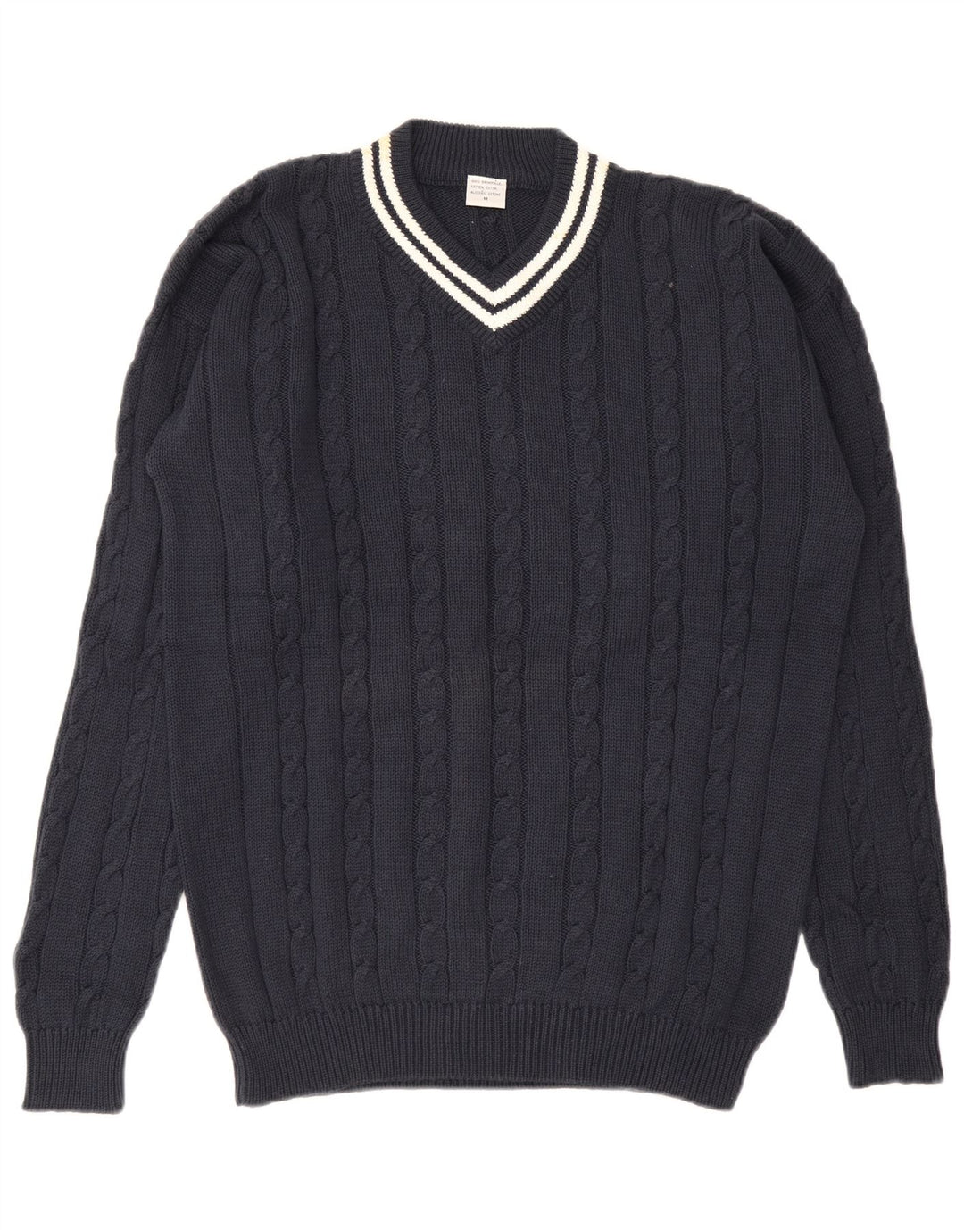 Vintage Mens V-Neck Jumper Sweater Medium Navy Blue Cotton
