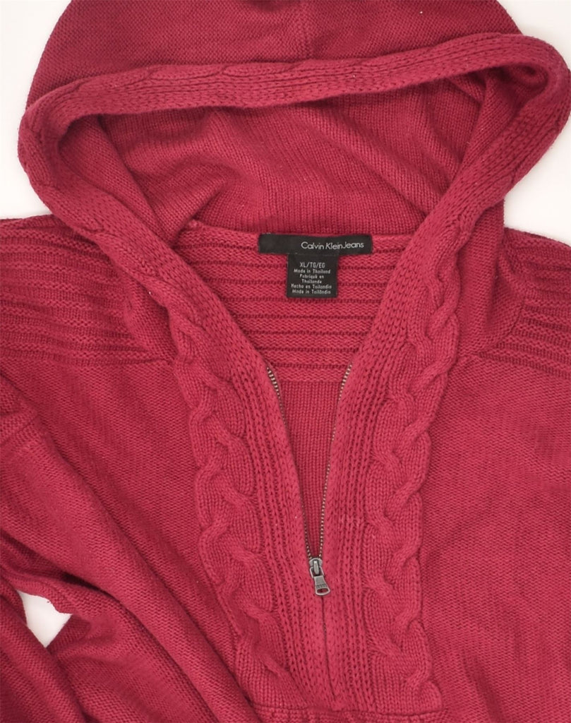 CALVIN KLEIN Womens Hooded Zip Neck Jumper Sweater UK 18 XL Red Cotton | Vintage Calvin Klein | Thrift | Second-Hand Calvin Klein | Used Clothing | Messina Hembry 