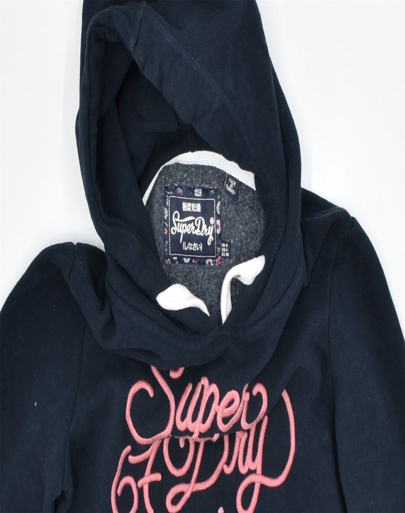 SUPERDRY Womens Graphic Hoodie Jumper UK 8 Small Navy Blue Cotton | Vintage | Thrift | Second-Hand | Used Clothing | Messina Hembry 