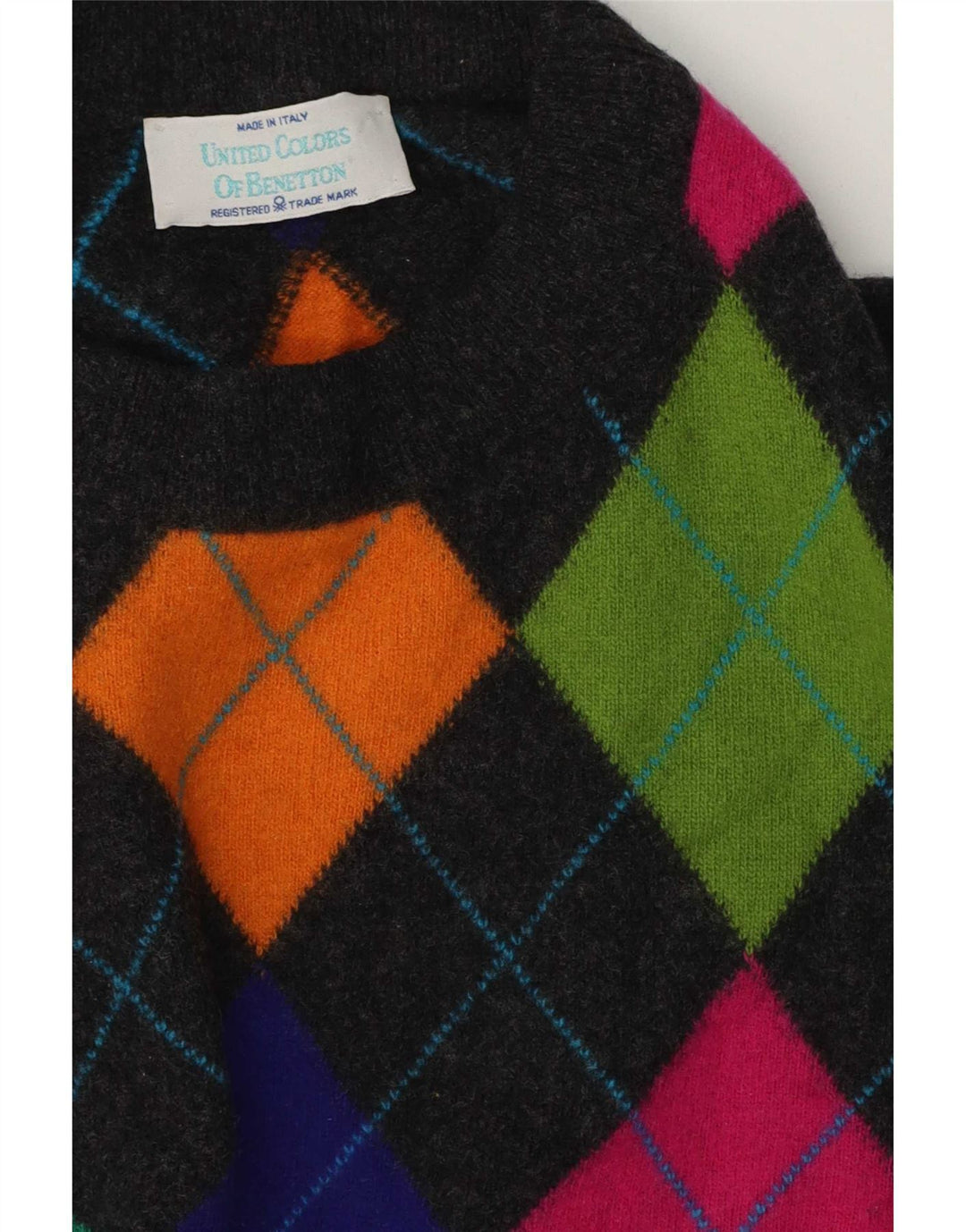 Benetton Mens Crew Neck Jumper Sweater IT 50 Medium Grey Argyle/Diamond