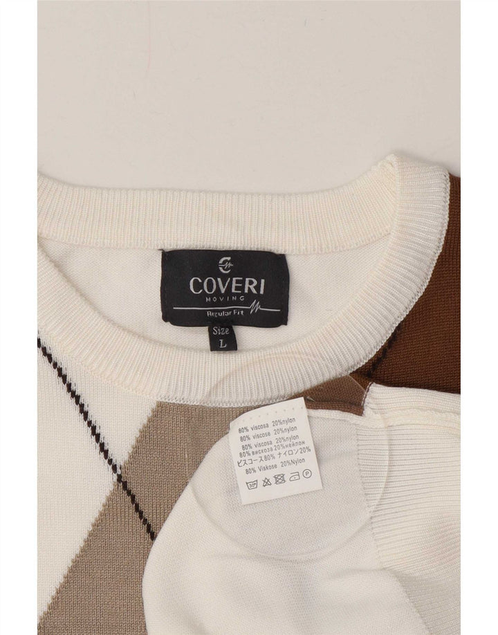 Coveri Womens Crew Neck Jumper Sweater Large White Argyle/Diamond