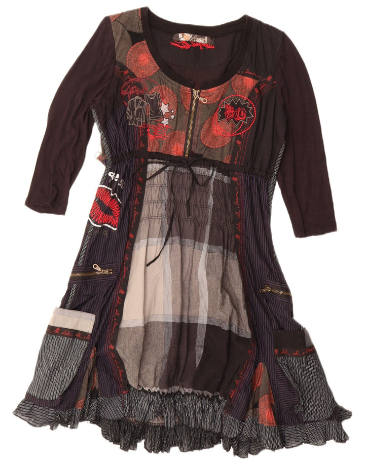 Desigual Womens Graphic A-Line Dress EU 40 Medium Brown Patchwork