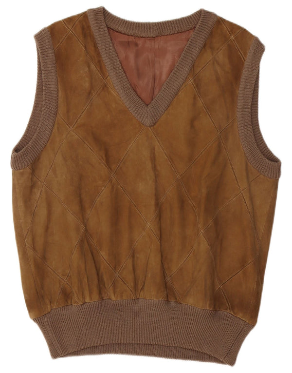VINTAGE Mens Suede Vest Tank Top Medium Brown Argyle/Diamond