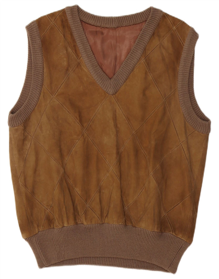 VINTAGE Mens Suede Vest Tank Top Medium Brown Argyle/Diamond