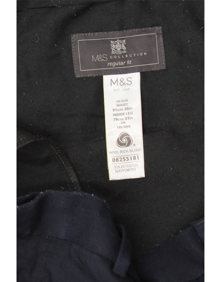 Marks & Spencer Mens Regular Fit Chino Trousers W36 L31 Navy Blue Wool