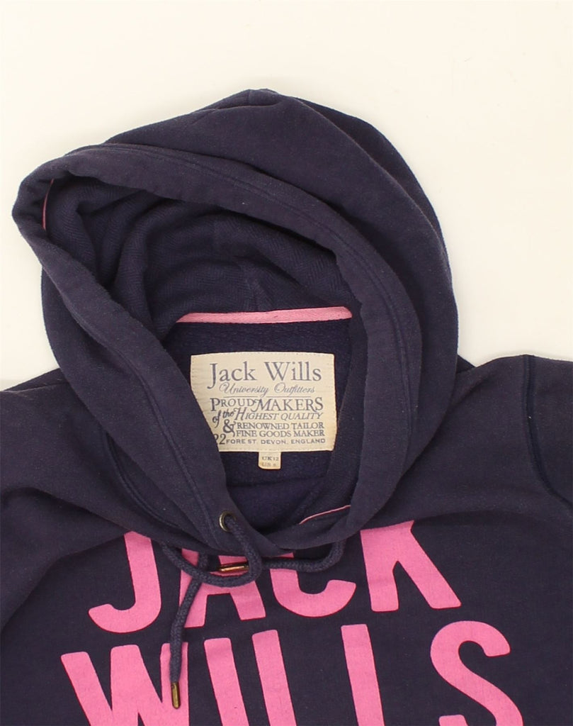 JACK WILLS Womens Graphic Hoodie Jumper UK 12 Medium Navy Blue Cotton | Vintage Jack Wills | Thrift | Second-Hand Jack Wills | Used Clothing | Messina Hembry 