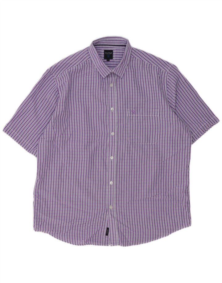 JAMES PRINGLE Mens Short Sleeve Shirt Large Purple Gingham Polyester