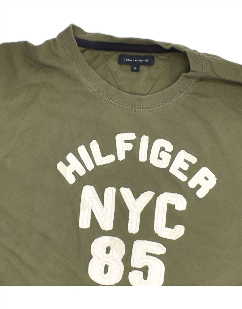 TOMMY HILFIGER Boys Graphic Top Long Sleeve 15-16 Years Khaki Cotton | Vintage Tommy Hilfiger | Thrift | Second-Hand Tommy Hilfiger | Used Clothing | Messina Hembry 