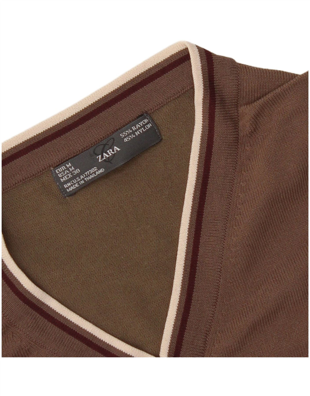 Zara Mens V-Neck Jumper Sweater Medium Brown Rayon