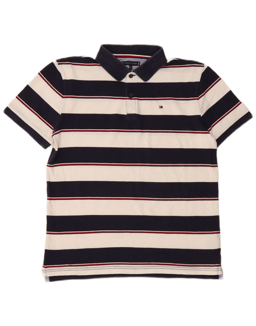 TOMMY HILFIGER Boys Polo Shirt 15-16 Years Navy Blue Striped Cotton
