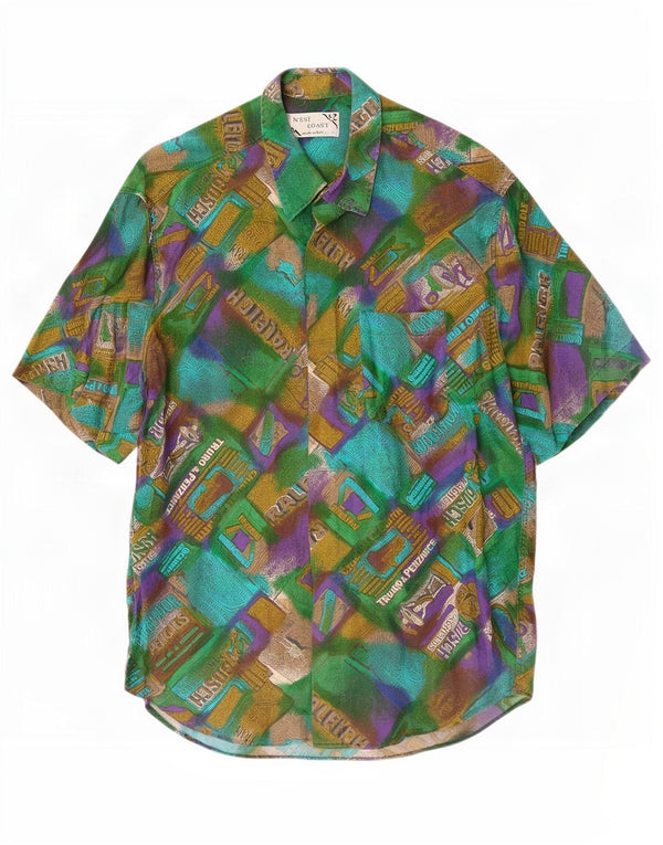 West Coast Mens Graphic Short Sleeve Shirt XL Green Patchwork Viscose
