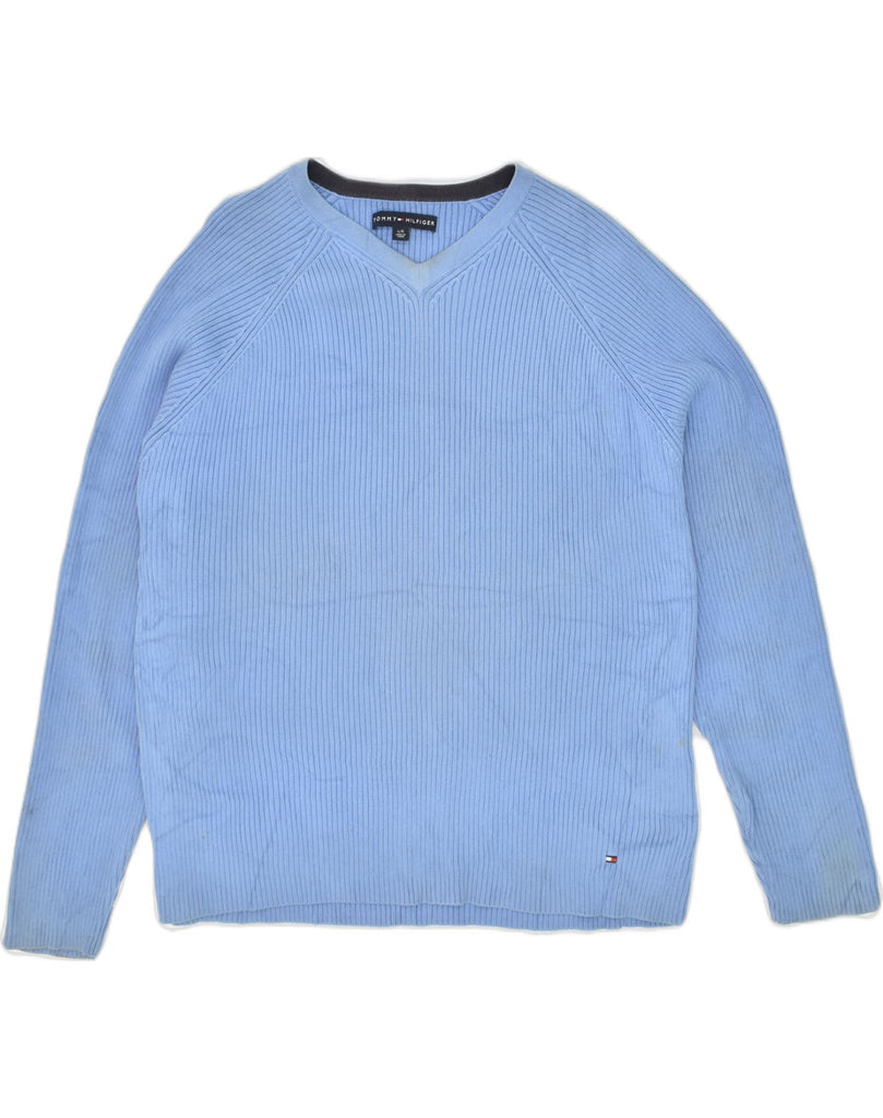 TOMMY HILFIGER Mens V-Neck Jumper Sweater Large Blue Cotton | Vintage Tommy Hilfiger | Thrift | Second-Hand Tommy Hilfiger | Used Clothing | Messina Hembry 