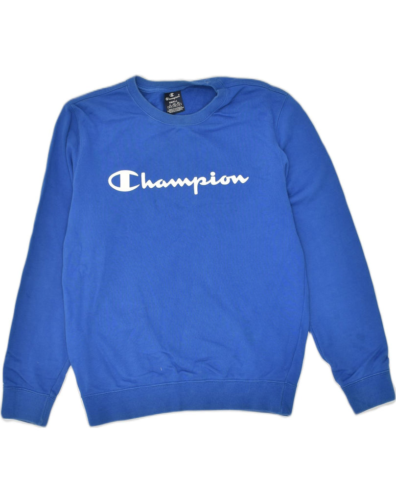 CHAMPION Mens Graphic Sweatshirt Jumper Small Blue Cotton | Vintage Champion | Thrift | Second-Hand Champion | Used Clothing | Messina Hembry 