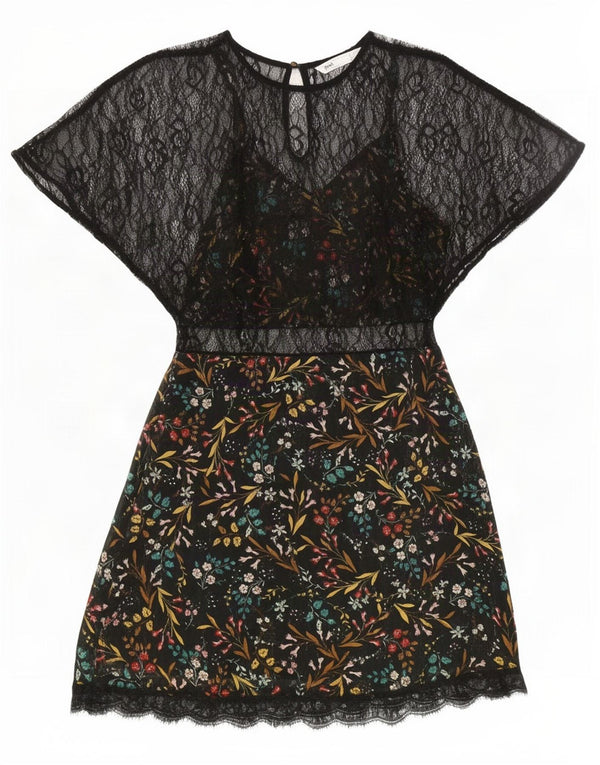 Zara Womens See Through Lace A-Line Dress UK 4 XS Black Floral Polyester