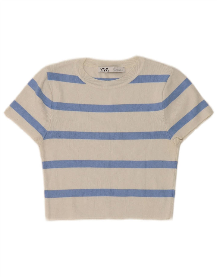 Zara Womens Crop Crew Neck Jumper Sweater UK 12 Medium White Striped
