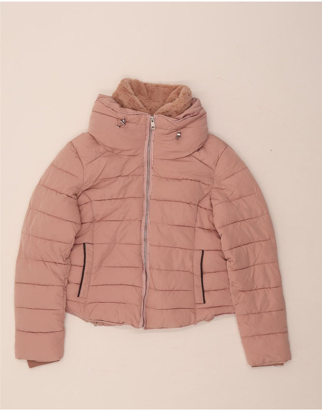 ZARA Womens Crop Hooded Padded Jacket UK 18 XL Pink Polyester