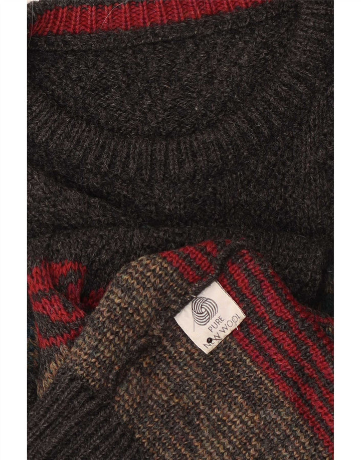 Vintage Mens Crew Neck Jumper Sweater XL Grey Fair Isle Wool