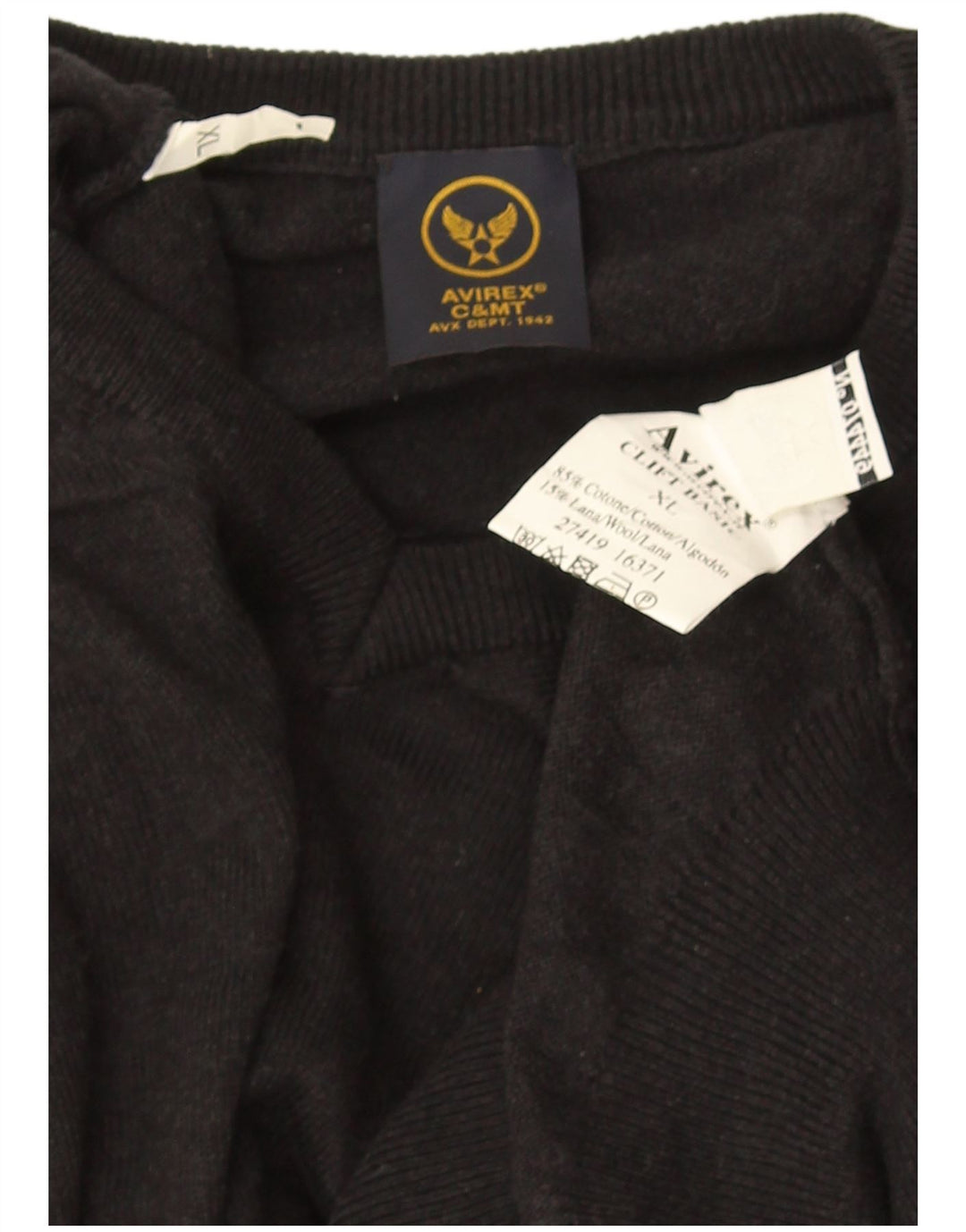 Avirex Mens V-Neck Jumper Sweater XL Black Cotton
