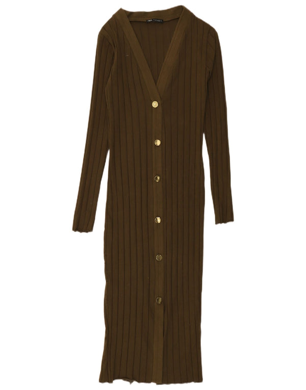 Zara Womens Long Sleeve Jumper Dress UK 8 Small Khaki Cotton