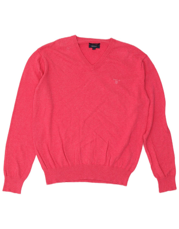 Gant Mens V-Neck Jumper Sweater Large Pink Cotton
