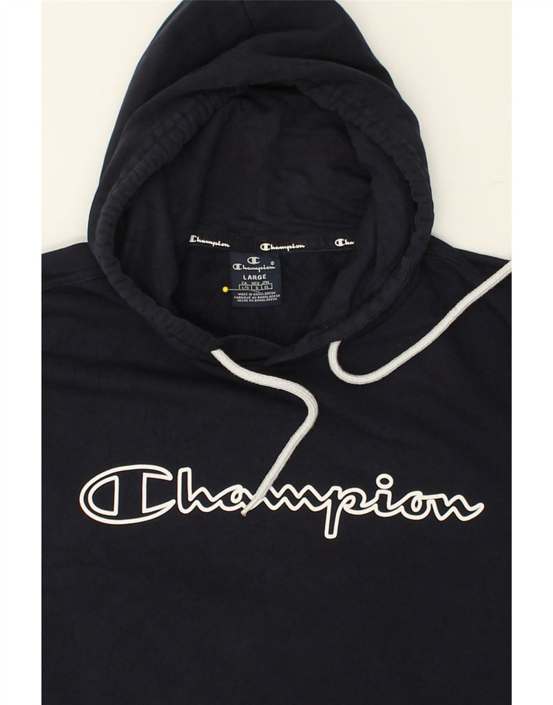 CHAMPION Mens Graphic Hoodie Jumper Large Navy Blue Cotton | Vintage Champion | Thrift | Second-Hand Champion | Used Clothing | Messina Hembry 