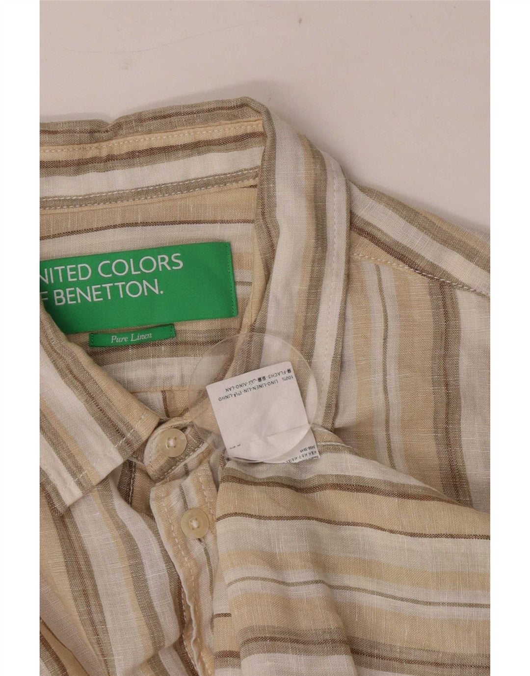 Benetton Mens Shirt Medium Beige Striped Linen
