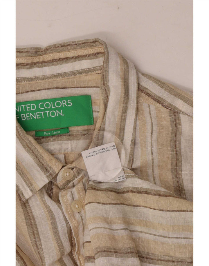 Benetton Mens Shirt Medium Beige Striped Linen