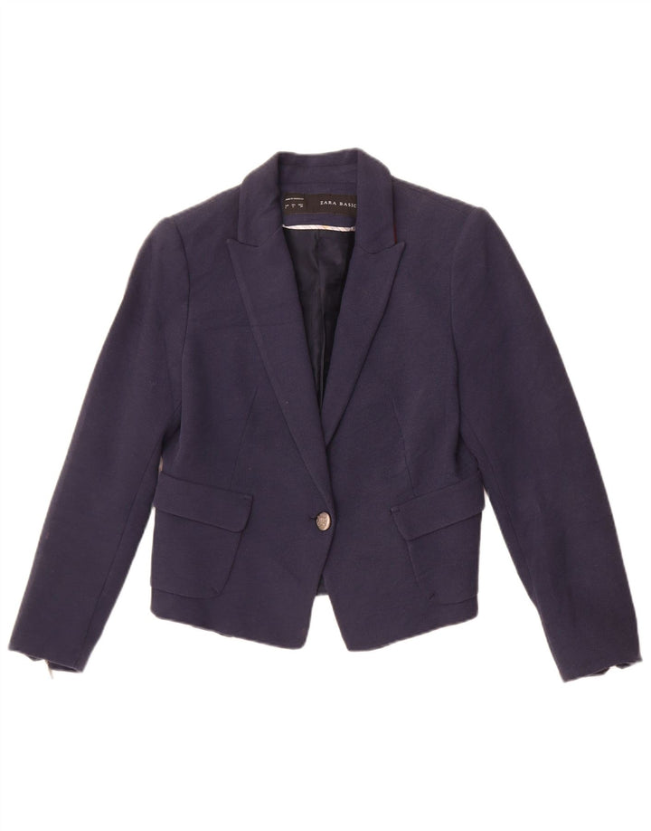 Zara Womens Crop 1 Button Blazer Jacket UK 14 Large Navy Blue Cotton