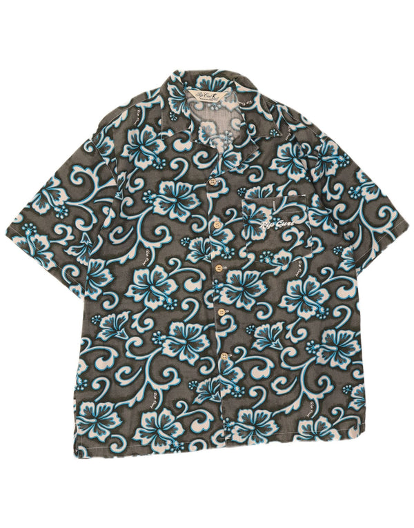 Rip Curl Mens Short Sleeve Shirt Large Grey Floral Cotton Hawaiian