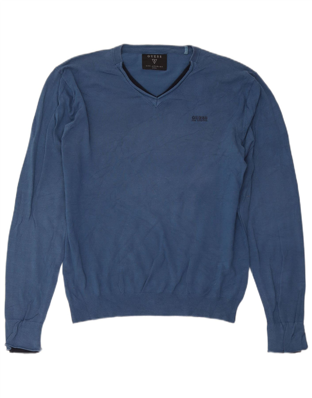 Guess Mens V-Neck Jumper Sweater Large Blue Cotton